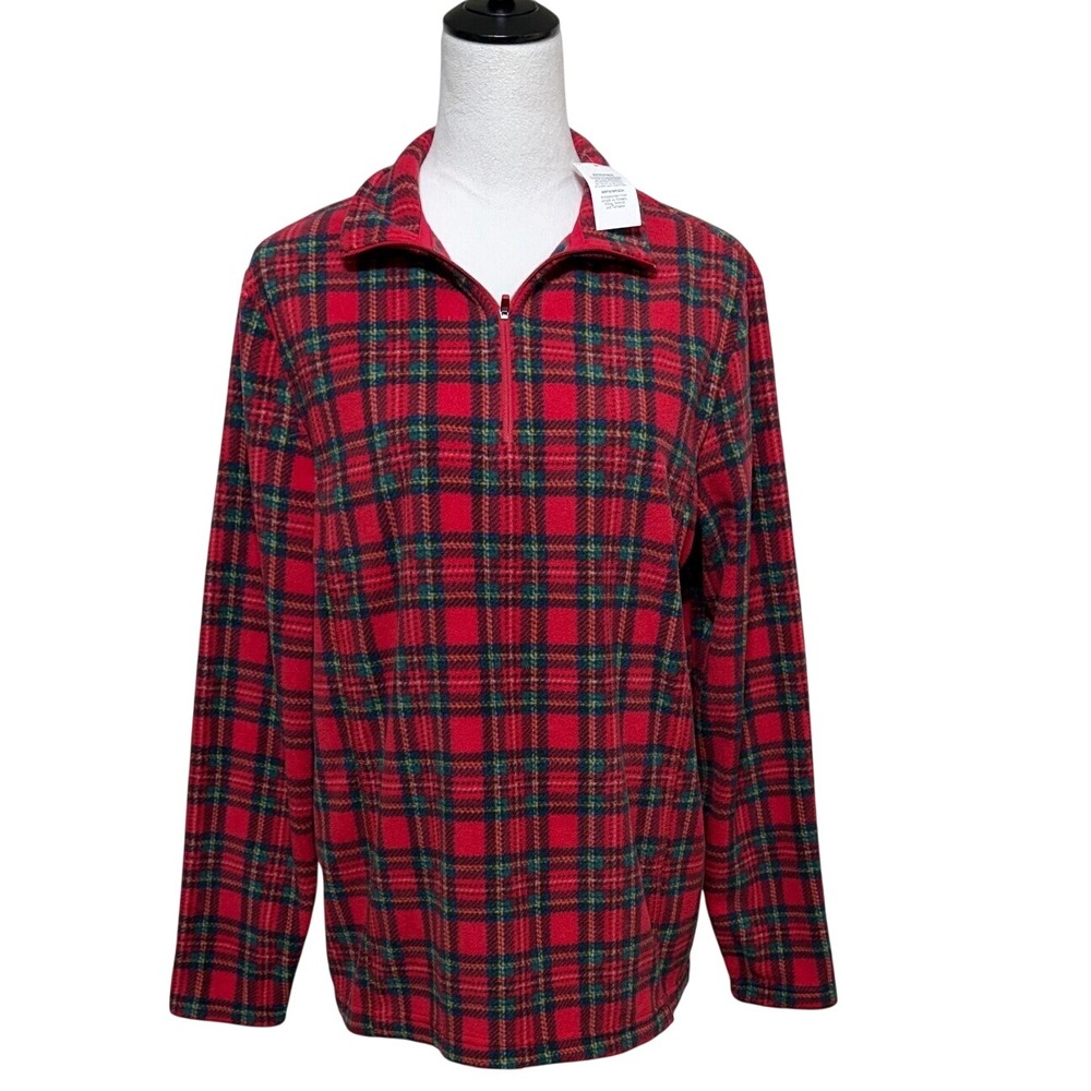 NEW Lands End Womens Large 14-16 Red Plaid Anywhere Fleece 1/4 Zip Pullover Cozy